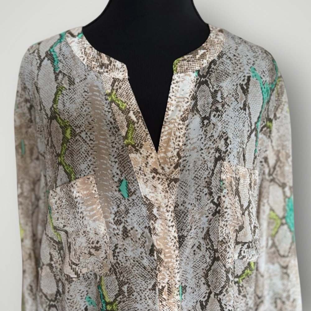 Covington Woman Semi Sheer Brown Cream Snake Print Long Sleeve Blouse Size 2X